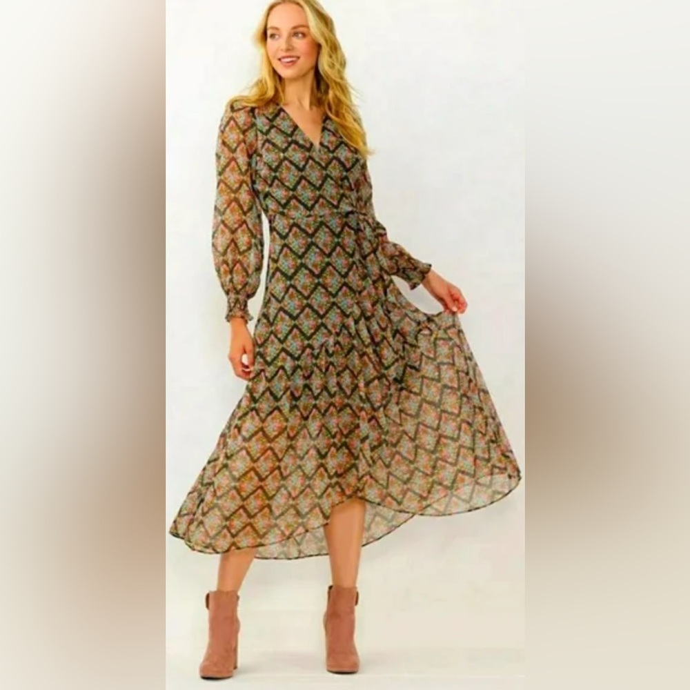 LC Lauren Conrad Sheer Geometric Pattern Semi-Sheer Side Tie Maxi Dress Size PXL